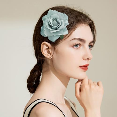 Image of 3.9 Inches White Flower Hair Clip Brooches for Women | Elegant Design White Rose Hair Clips on Flower for Women | Vintage Design Floral Lapel Pins and Rose Flowers Accessories for Wedding & Parties