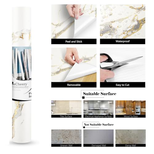 LACHEERY Papier Peint Blanc avec Veines Dorées Marbre 40cm x 200cm Vinyle Adhesif Marbre Papier Autocollant pour Meuble Armoires Étagères Porte Plan de Travail Stickers Cuisine Imperméable Élégant – vue 7