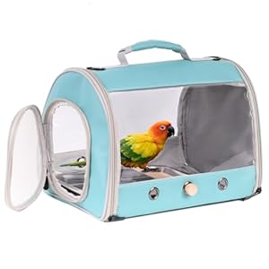 Portable Bird Travel Carrier Cage with Metal Tray Soft Mat and Wooden Standing Perch, Hands Free Lightweight Clear 2 Windows Carry Bag for Parakeet Budgies Cockatiel Transport to Vet