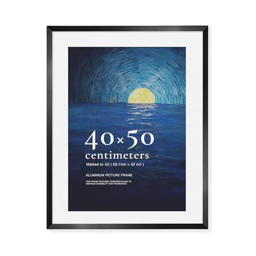 LIVINGTASTE Bilderrahmen 40x50 Aluminium Schwarz gebürstet mit gehärtetem Glas 1 Stück mit Passepartout für A3 (29 7 x 42 cm) für 40x50 cm ideal für Galerie 1pk