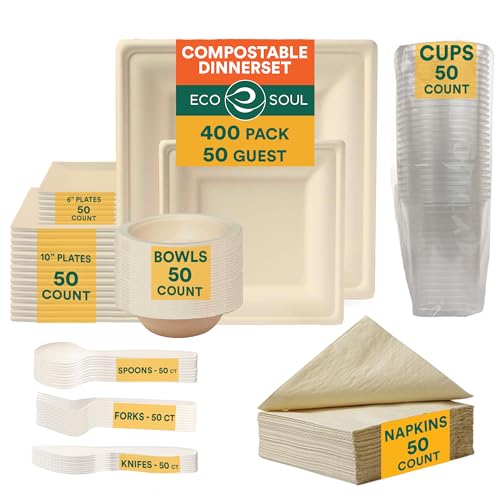 EcoSoul Disposable Paper Plates Pack of 400 (for 50 guest) Compostable Dinnerware set Bowls Heavy-duty Utensil Biodegradable Napkins Eco-friendly Sugarcane Set for Party Camping