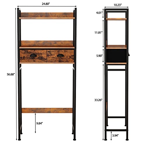 Furnulem Over The Toilet Storage Cabinet With 2 Drawers, 3-Tier Bathroom Organizer Space Saver Rack Wood Shelf, Floor Mount Above Toilet,Freestanding With Adjustable Feet (Rustic Brown) #TOP2