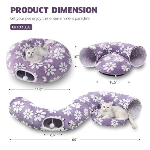Image of Cat Tunnel for Indoor Cats, Cute Peekaboo Cat Cave with Dangling Balls, Pet Donut Tunnel Bed with Circle Mat for Puppy Kitten Rabbit, Purple