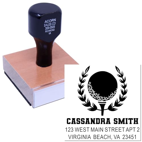 Image of Personalized Wood Handle Address Stamp Golf Champion Crest - Craft Stamp | Golf Fan Stamp. Classic Rubber Stamp. Any standard pad works. Uses a separate ink pad. Up to 50 characters per line.