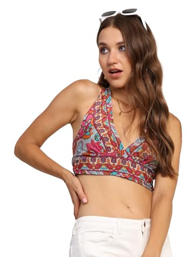 Image of KE KANHA EXPORTS Halter Neck Wrap Top|top for Women|Backless Tops for Women|Halter Neck Tops|Adjustable wrap Waist|Boho Beach Border Print|Easily fits S-M|Bust30-36Inch|LengthUpTo 18Inch