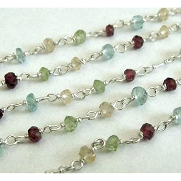 LKBEADS Multistone Rosary Bead Chain, Sterling Silver, Apatite, Peridot, Garnet, Citrine, 1 Ft, 3mm, Whole Findings
