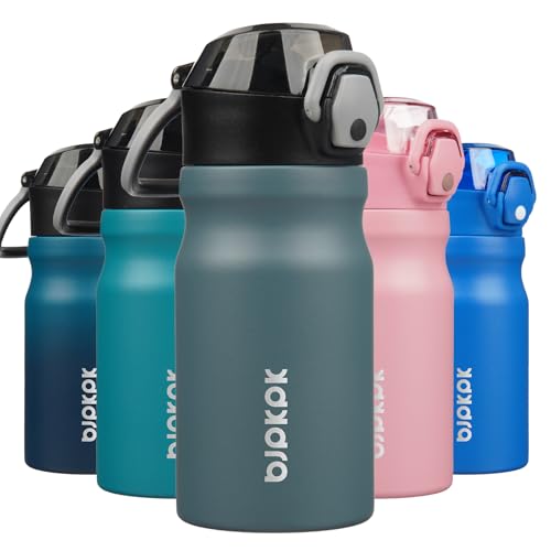 Image of BJPKPK 14 oz Insulated Water Bottle, Straw, Handle, Stainless Steel Flask | Leak Proof Locking Lid, Double Wall Vacuum, Keeps Hot /Cold, BPA Free, Dishwasher Safe, Travel & Sports, Dark Grey