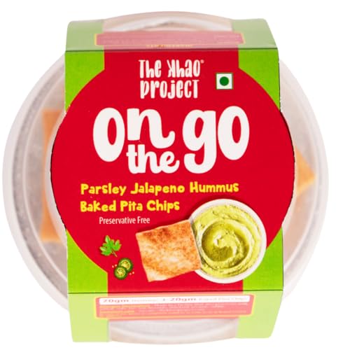 Image of The Khao Project On The Go Hummus Snack Pack| Parsley Jalapeno Hummus and Baked Pita Chips Combo (180 gms)| healthy snacks for kids|Travel Friendly| Protein Rich|Preservative Free|Vegan|Tasty Snack