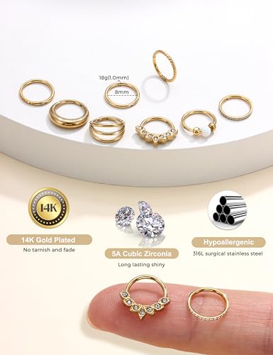 LOLIAS 8 Pcs Nose Rings Hoops - 316L Surgical Steel Septum Rings CZ Opal Silver Gold Hoop Nose Ring for Women 16G/18G Clicker Ring Cartilage Earring Conch Daith Lip Nostril Piercing Jewelry 8mm/10mm2
