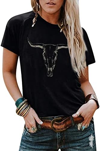 Boho Cow Skull Shirt Women Cowgirl t Shirt Vintage Western Rodeo Graphic Tee Short Sleeve Bull Skull Casual Top
