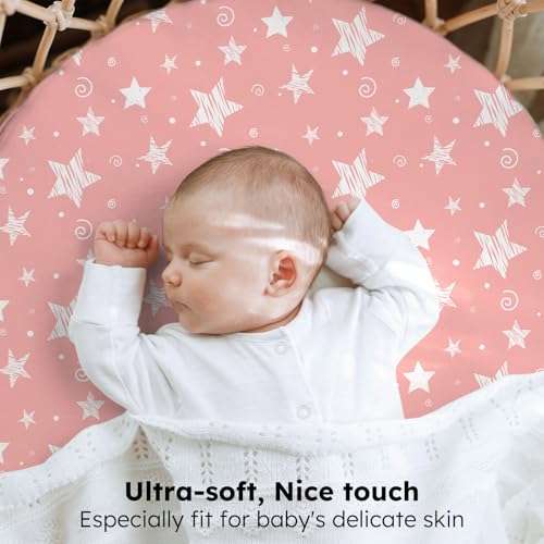 Image of Baby Bassinet Sheets, 3 Pack Fitted Bassinet Mattress Sheets, Compatible with Halo Bassinest Swivel Sleeper & Oval Hourglass Rectangle Mattress, Ultra Soft Pink Stars