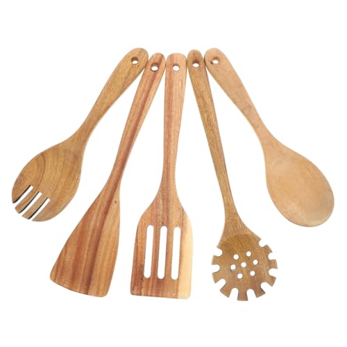 NUOLUX 5個 木製調理器具点 耐久性多機能キッチンツール 非接触調理対応 持続可能な天然木製食器 一人暮らし 家用料理器具