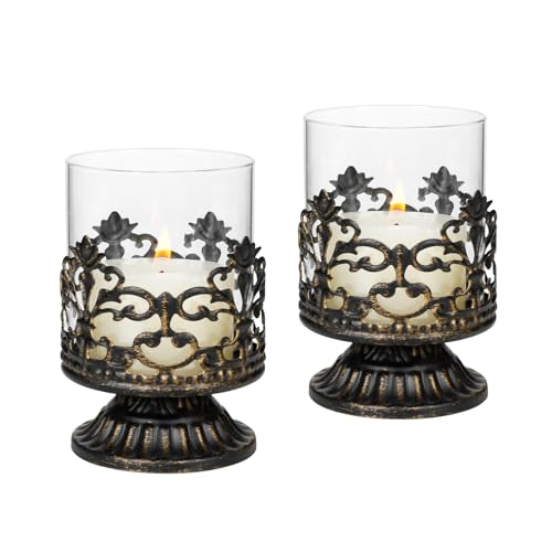 Candeldo Deko Vintage Gothic Kerzenständer Schwarz: 2er Set Windlicht Kerzenleuchter Kerzenhalter Metall Landhaus Dekoration Wohnzimmer Fensterdeko Barock Deko Windlichter Halloween
