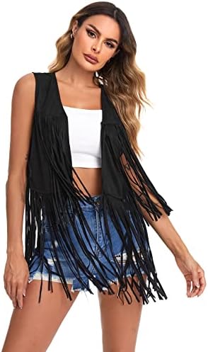 Verdusa Women's Tassel Sleeveless Vest 70s Hippie Faux Suede Fringe Jacket Cardigan Black 3XL