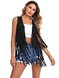 Verdusa Women's Tassel Sleeveless Vest 70s Hippie Faux Suede Fringe Jacket Cardigan Black M