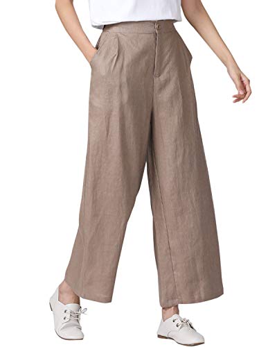 Aeneontrue Women's 100% Linen Wide Leg Pants Capri Trousers Back with Elastic Waist Dark Khaki M