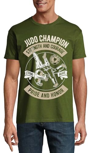 T-shirt coton homme judo arts martiaux col rond vert chasseur force courage
