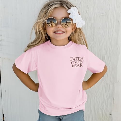 Image of Girls Faith Over Fear Christian Shirts for Kids Jesus God Bible Verse Religious Tshirt Cute Preppy Graphic Tees Tops