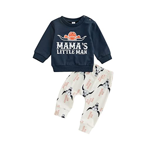 Image of LXXIASHI Western Baby Boy Clothes Mama's Little Man Sweatshirt Cow Print Top Pants Set 2Pcs Fall Winter Clothes Set