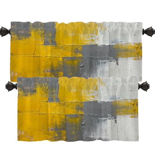 Shrahala Grey Abstract Art Blackout Short Curtains for Windows, Yellow Vintage Modern Painting Kitchen Valance Thermal Insulated Rod Pocket Window Treatment for Bathroom 2 Pack 52 X 18 in
