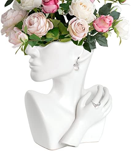 GDYOOSHOW Face Vases for Flowers Bust Planter Ceramic Head Vase Display Jewelry Rack White 9.84 Inches High Suitable for Placing on The Table or Shelf (White)