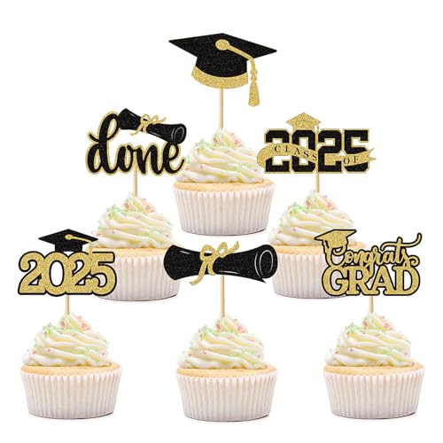GOZINA Class of 2025 Graduation Cake Topper, 24 PCS Cupcake Toppers Graduation Cake Decorations, Congratulations Leavers 2025 Decorations, Black and Gold Cake Topper Party Props