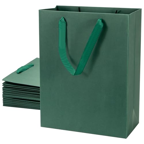 SEECGOO Bolsas de regalo verde oscuro con asas, 12 bolsas de regalo de papel de tamaño mediano, bolsas de embalaje verdes para celebraciones, cumpleaños, envoltorios de regalo, bolsas de regalo