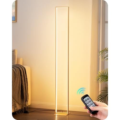 EDISHINE LED Floor Lamp, 55" Modern Minimalist Rectangular Corner Light 3000K-6000K Dimmable, Remote Control & Foot Switch, Metal Base Standing Lamps for Living Room, Bedroom, Office, Gold R