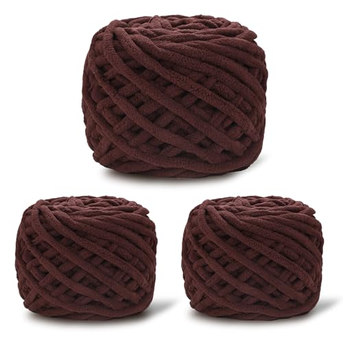 Image of 3 Pack Plush Chenille Chunky Yarn for Crocheting 100g(54.6yd) - Bulky Thick Fluffy Yarn for Knitting- Soft Velvet for Baby, Blanket Knitting Blanket Yarns- Amigurumi Yarns (3-Coffee)