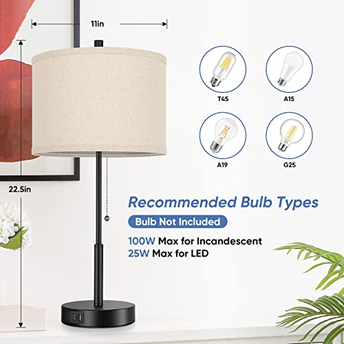 Sucolite Set Of 2 Table Lamps With 2 Usb Charging Ports, Modern Farmhouse Lamps For Bedrooms Bedside With Pull Chain Switch, Nightstand Desk Lamps For Living Room Office Dorm Reading Working, Black #TOP3