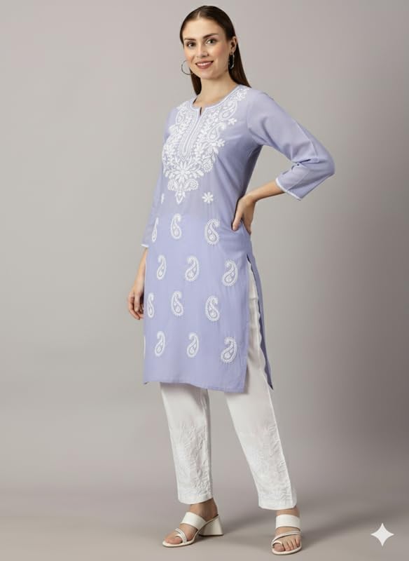 Image of FCH, Fashionable Chikan Handikraft Women's Cotton Lucknowi Chikankari Printed Straight Kurta for Regular Wear Girls Flared Kurta