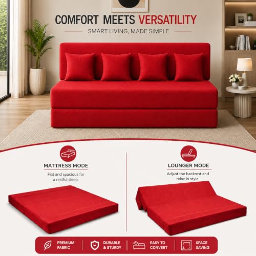 Image of Four Seater Sofa Cum Bed 6x6 Ft with Soft Foam Cushioning, Comfortable Foldable Sofa Bed for Living Room, Bedroom, Guest Room & Office(Red)