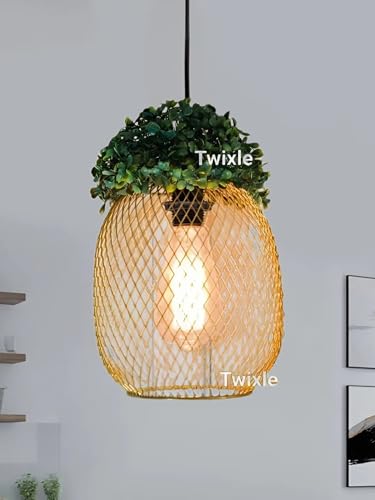 Image of Metal Golden Green Grass Pineapple Shape Hanging Light, Ceiling Light for Home Decor, Pendant Light for Resataurant, Cafe, Balcony, Garden, Kitchens (E27 Bulb Base) (Pineapple) (Without Bulb)