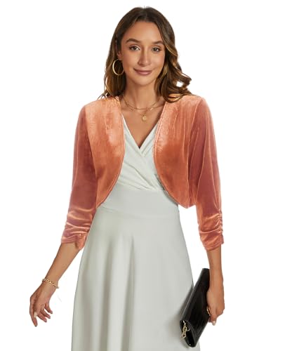 Image of Womens Velvet Bolero Shrug Elegant Open Front Ruched 3 /4 Sleeve Cocktail Party Cropped Cardigan
