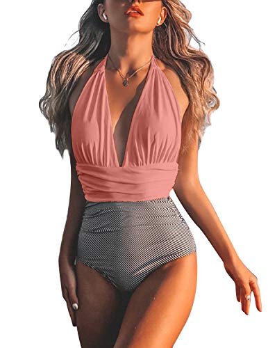 BUOYDM Trajes de una Pieza Mujeres Cintura Alta Rayas Cuello en V de Baño Trajes Bañador Conjunto de Bikini Push up (L, Rosa)