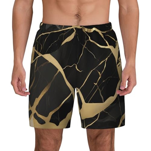 Black Marble Texture Gold Print Mens Swim Shorts Trunks Inseam Compression Liner Quick Dry Zipper Pocket