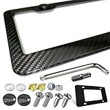 ZXFOOG Carbon Fiber License Plate Frame- 100% Handcrafted Real Carbon Fiber Cloth Wrap Holder, Wide Edge Black Aluminum Car Tag Cover with Stainless Steel Screws Caps, Rattle Proof Pad, 1 Pack 2 Hole