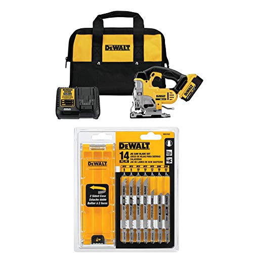 DEWALT DCS331M1 20V Max Lithium Ion Jigsaw Kit with DEWALT DW3742C 14-Piece T-Shank Jig Saw Blade Set with Case