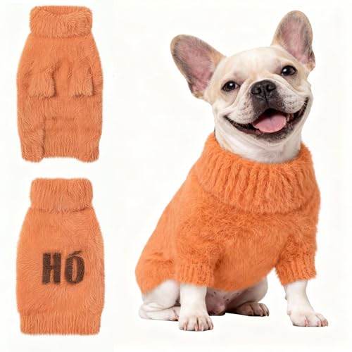 Image of Small Dog Furry Pullover Sweater, Classic Turtleneck Dog Clothes for Cold Weather Cute Warm Pet Clothes for Chihuahua, Bulldog, Dachshund, Pug Orange Large