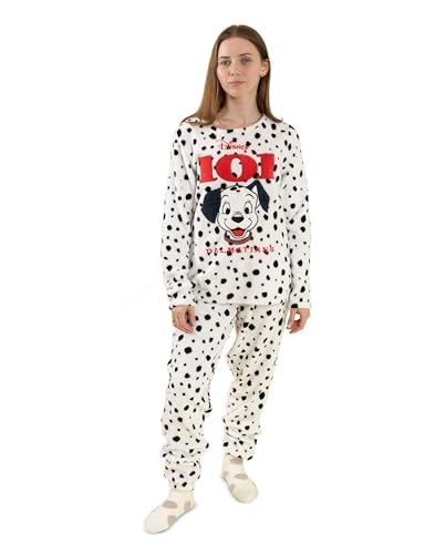 Image of Disney 101 Dalmatians Women’s White Long Sleeve Long Leg Pyjama Set | Cosy Fleece Nightwear with Polkadot Pattern | Perfect for Sleeping | Classic Movie Theme Merch - Medium