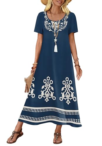 Womens Maxi Dresses Flowy Casual Long Dress Short Sleeve Summer Beach Vacation Lightweight Sundresse with Pocket
