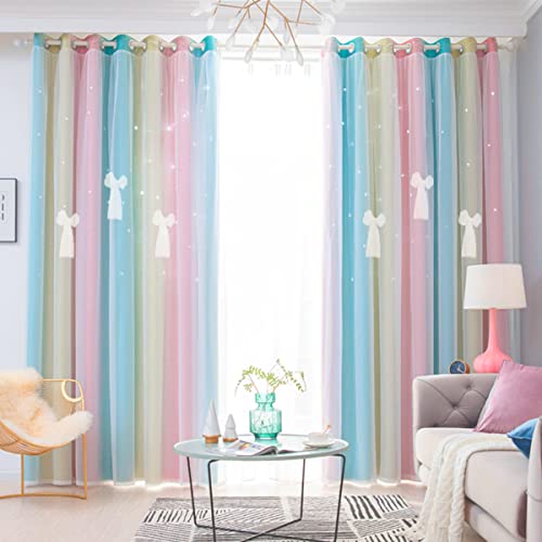 Image of Room Darkening Stars Curtains 2 Layers Drapes Elegent Room Decor Kids Curtains for Girls Bedroom Window Panels Living Room Divider 63 72 84 96 108 inches Long (Baby Pink Blue, W52 X L63)