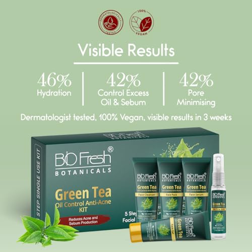 Image of Biofresh Botanicals Green Tea Facial Kit 5-Step Easy Solution for Oil Control Acne Reduction Sebum Production with Brighten Skin Complexion and Glow at Home 100% Vegan Facial Kit for All Skin Types