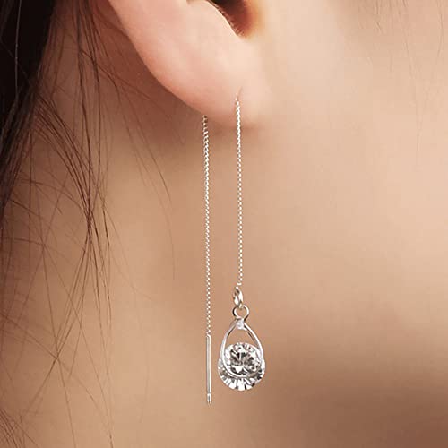 Reffeer 925 Sterling Silver Cz Droplet Dangle Earrings Threader For Women Girls Crystal Dangle Earrings Tassel Chain (A-Silver) #TOP1