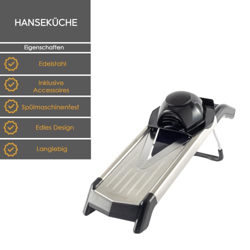 Foto von Profi V-Gemüsehobel Edelstahl - Mandoline Küchenhobel inkl. 5 Einsätze - Verstellbarer Gemüseschneider für Scheiben & Julienne (1,5-5mm) - V-Hobel mit Restehalter & Klingenbox - Spülmaschinenfest