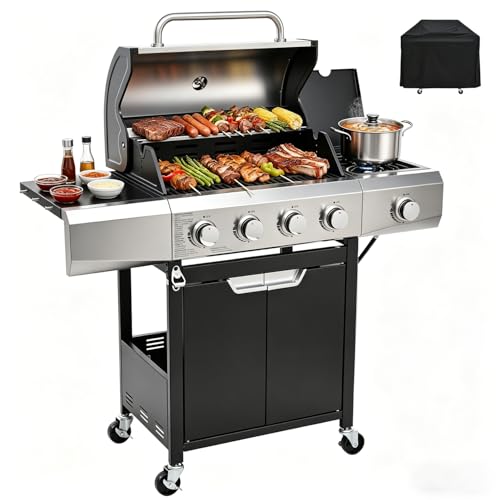 Image of EUHOME 51,000 BTU 4-Burner Propane Gas Grill with Side Burner - Large 452 sq.in Stainless Steel BBQ Grill, Enameled Cast Iron Grates, 4 Swivel Casters & Protective Cover for Backyard Patio Family