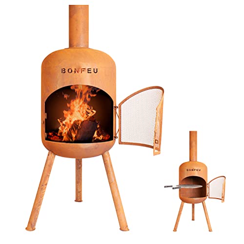 BonFeu BonBono grate - patio stove - fireplace with spark protection for relaxing evenings - fire column outdoor - patio fireplace with grill grate - garden stove made corten steel - 45x45x165cm