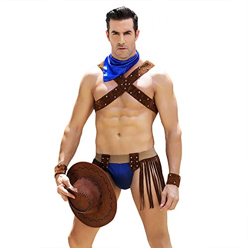 PIIKNUO Sexy Outfit für Herren, Clubwear Erotische Kostüme Sexy Cowboy-Set Brustband Fransen Unterhose Erwachsene Rollenspiel Sex Herren...