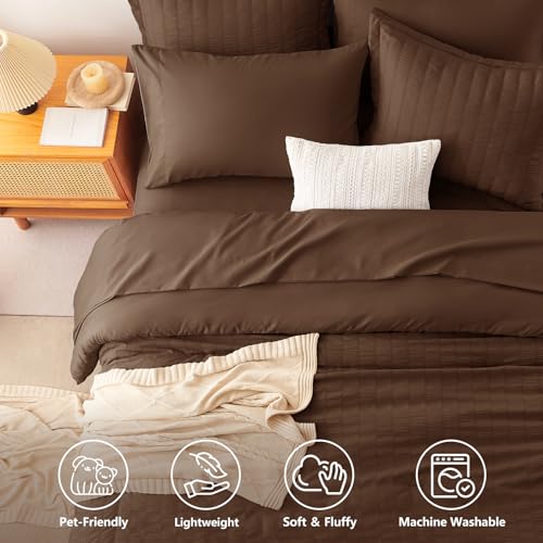Image of CozyLux Full Size Comforter Sets Brown, 7 Pieces Seersucker Textured Luxury Bed in a Bag, All Seasons Soft Bedding Sets with Down Alternative Comforter, Sheets, Pillowcases & Shams, Bedroom Bed Set