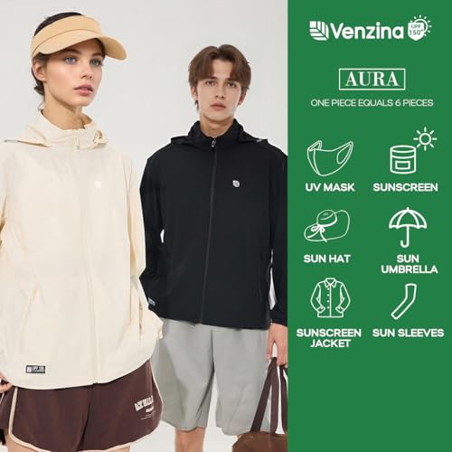 Image of Venzina UPF 150+ Sunscreen Jacket for Men, UV Sun Protection Jacket with Cool Feel Quick Dry Fabric, Sun Hoodie with Removable Hat & Zip Pocket for Driving, Camping, Riding